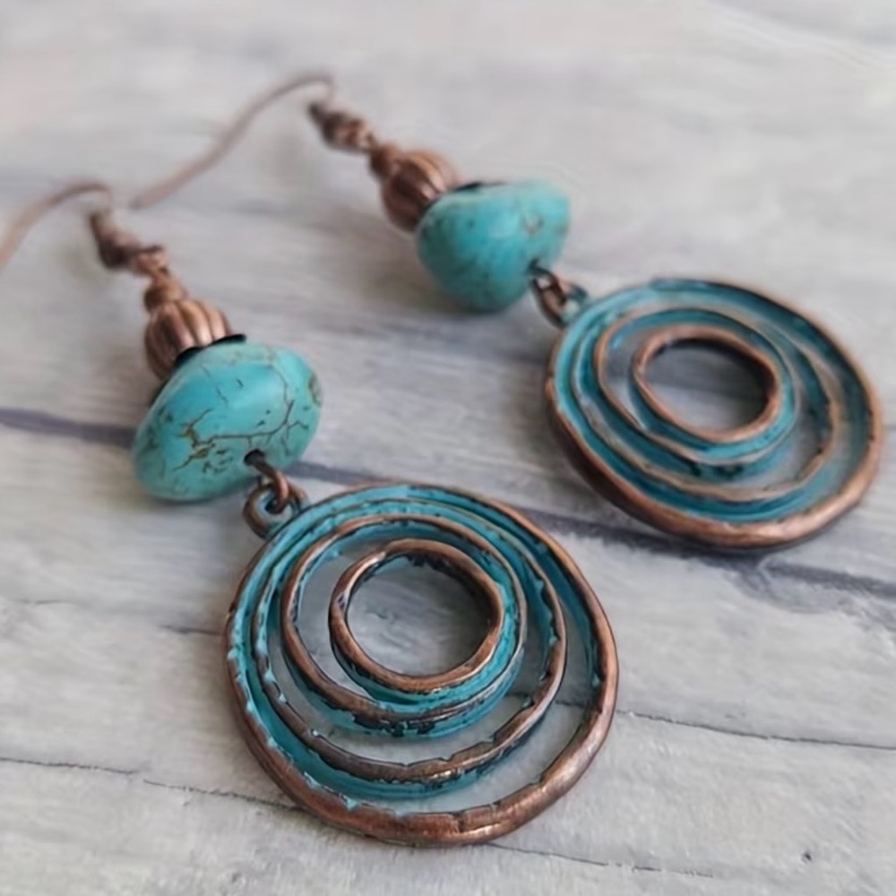 Western Earrings Handcrafted Turquoise Hoop Drop Earrings Cowgirl Style - Picture 1 of 3